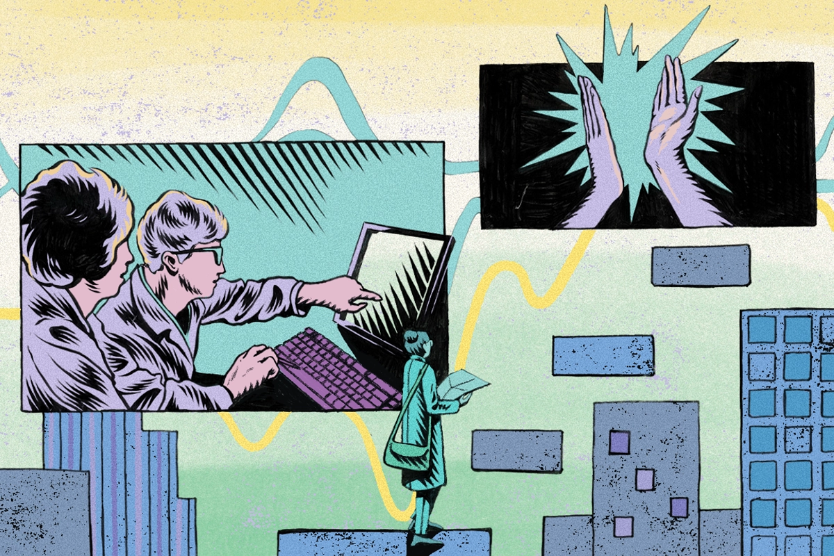 Illustration with panels depicting two people working together at a computer and a high-five, and a lone researcher in the foreground, looking up.