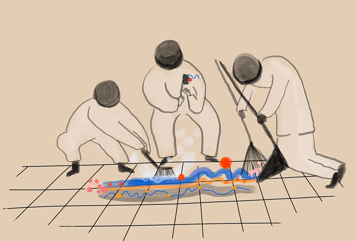 Illustration of three figures cleaning data with brooms and brushes.