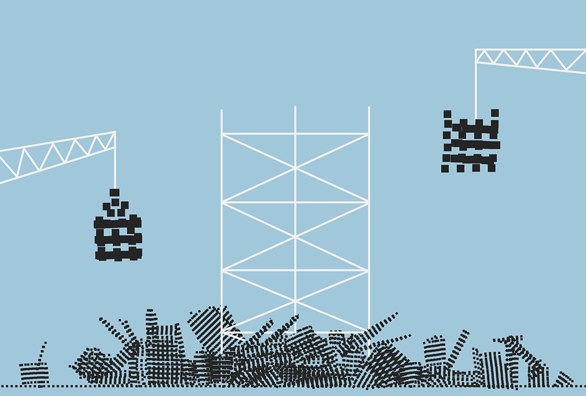 Illustration of cranes attempting to assemble a structure out of very small black squares.