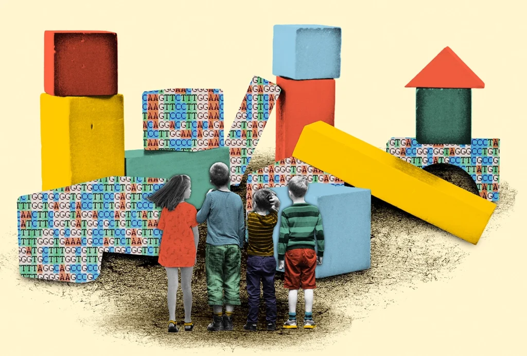 Illustration of children looking at a gigantic set of building blocks, some of which display genetic sequences on their surfaces.