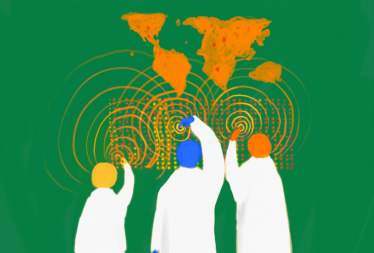 Illustration of three figures standing in front of a grid of dots and a world map.