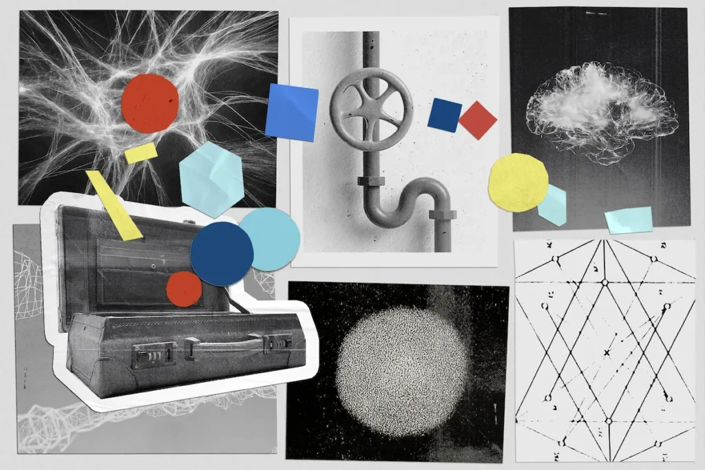 Collage of different images of brains and mechanical devices in the background with a suitcase in the foreground.