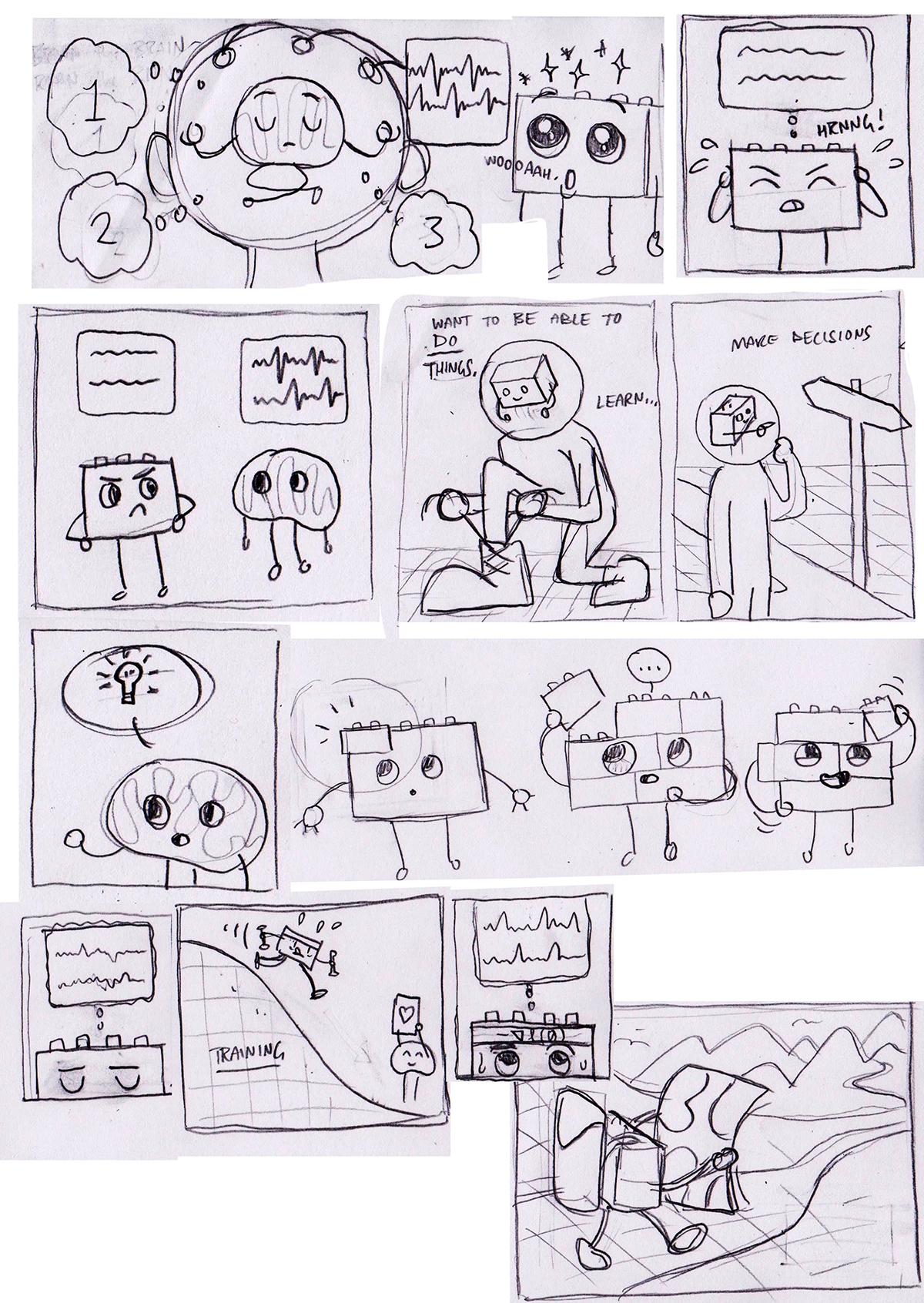 Sketch of comic multi-panel comic shows the process of finding the right metaphor—a brain on a journey and legos on legs convey the story.