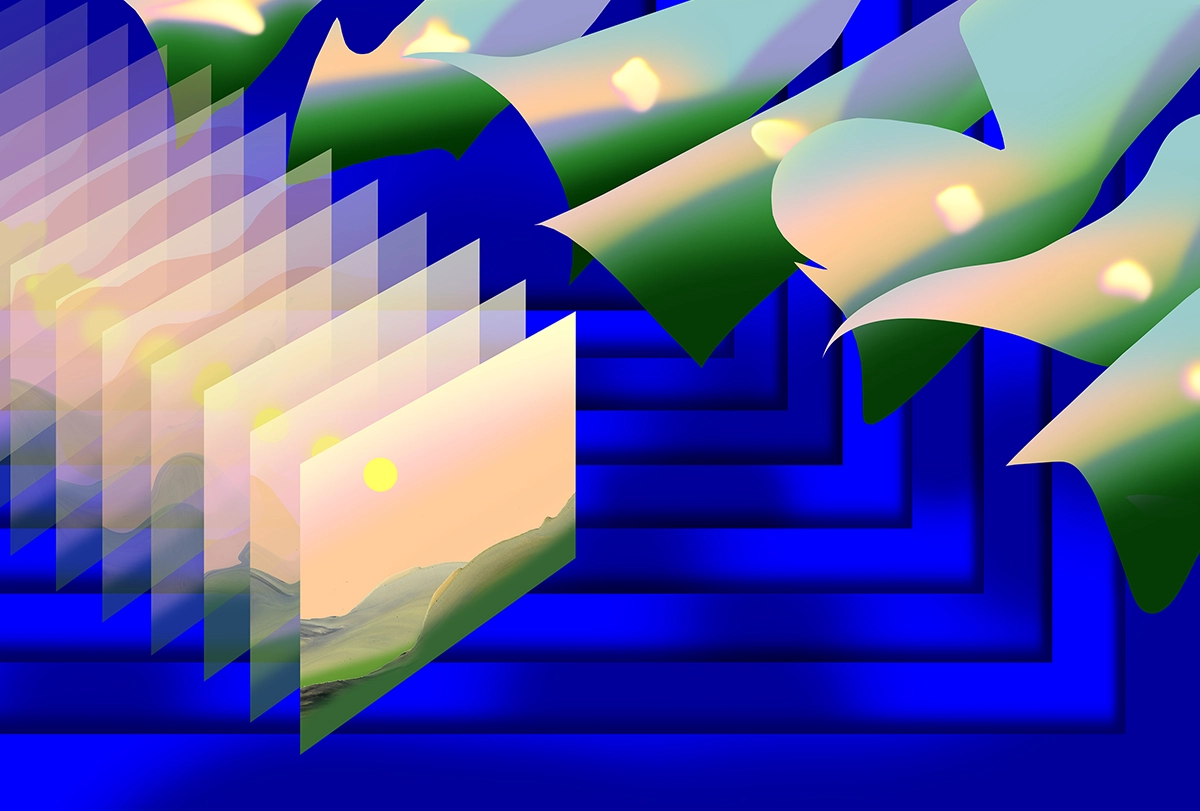 Illustration of an image of a landscape repeated over and over again, with some versions distorted and warped.