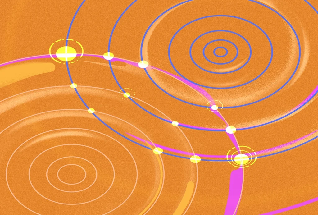 Illustration of two neon-toned sets of concentric circles overlapping, with bright spots where they intersect.