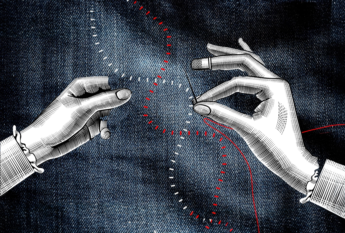 Illustration of hands sewing red and white threads in a DNA-like pattern into a blue-gray fabric.