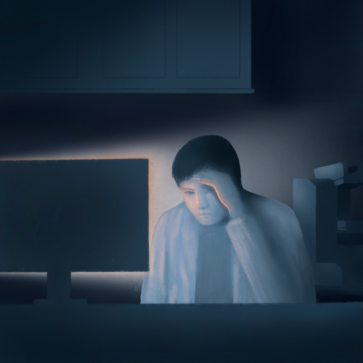 Illustration of someone sitting at a computer screen in the dark with one hand partially covering their face.