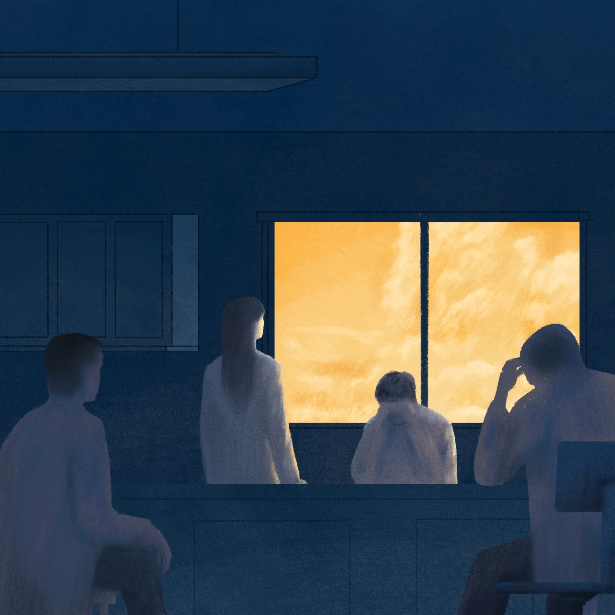 Illustration of a group of people in a dark lab looking out at an orange sky.