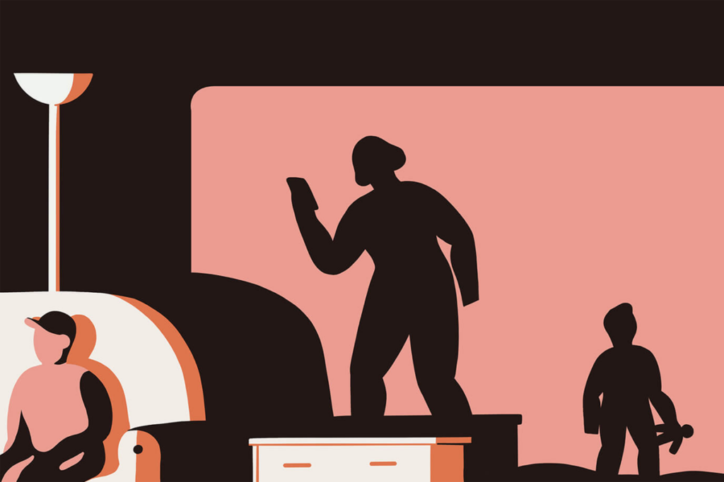 Illustration of a parent and child both distracted by screens.