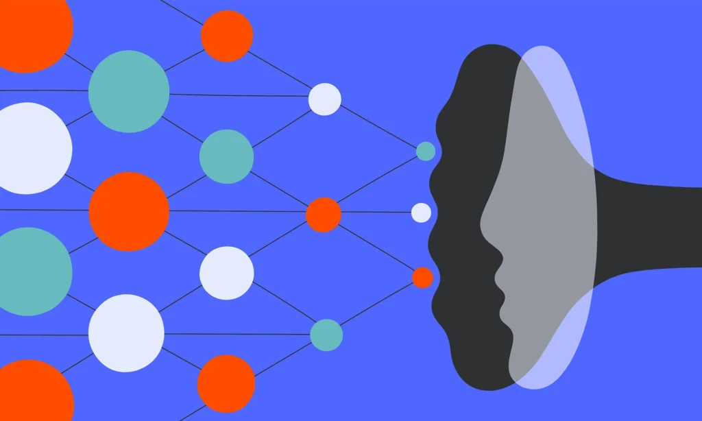 Illustration of overlapping silhouettes of two faces in profile facing a matrix of dots of various colors and sizes.