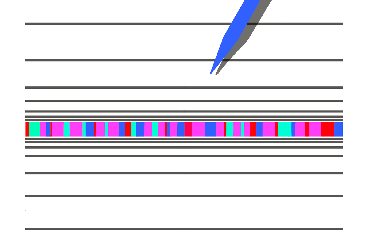 Illustration of a pen hovering over a gene sequence-like series of colored rectangles.