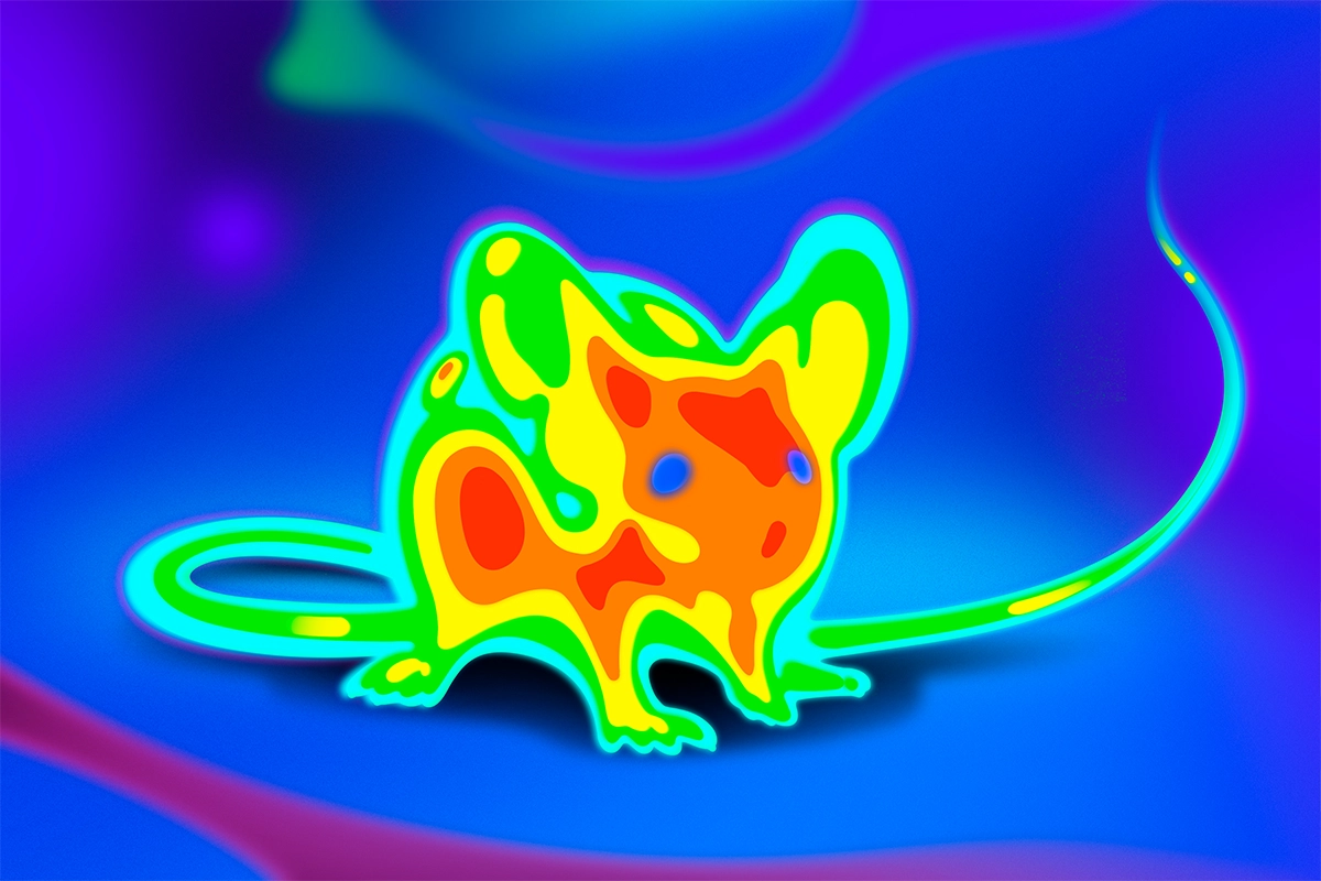 Illustration of a mouse seen through a thermal imaging camera.