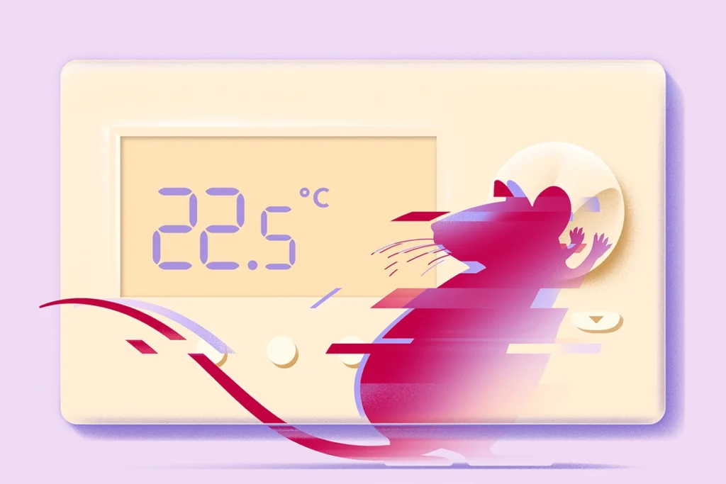 Illustration of a thermostat set to 22 point 5 degrees celsius, with a silhouette of a mouse adjusting its dial.