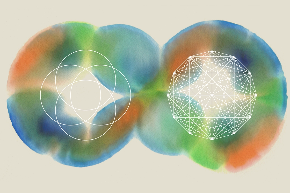 Illustration of a simple matrix of overlapping circles next to a more complex network of intersecting lines against a muted but colorful background.