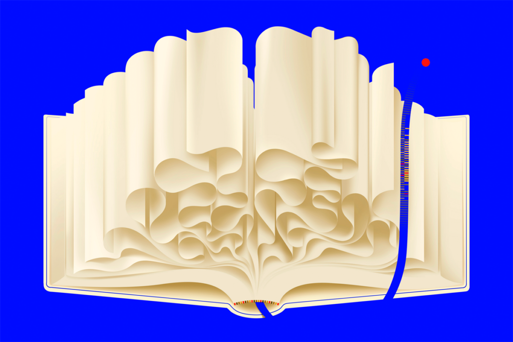 Illustration of an open book with a tassel resembling a DNA sequence.