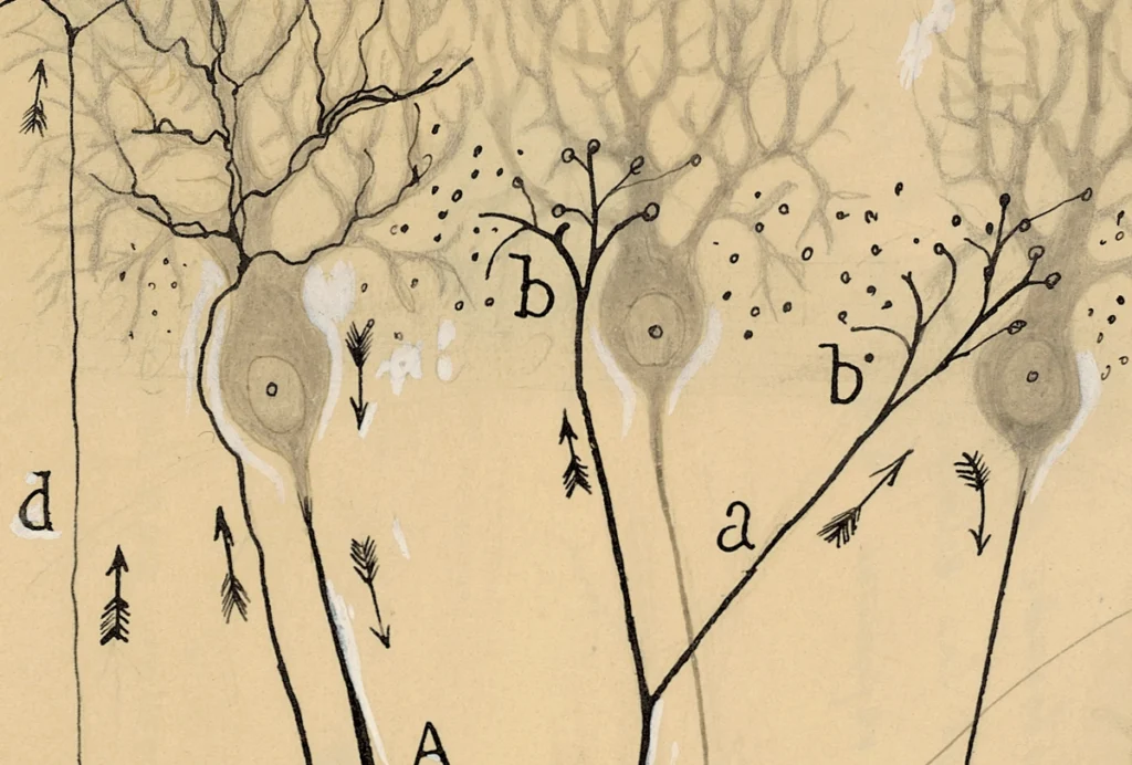 Drawing by Santiago Ramón y Cajal of a hypothesis for how signals travel through neurons.