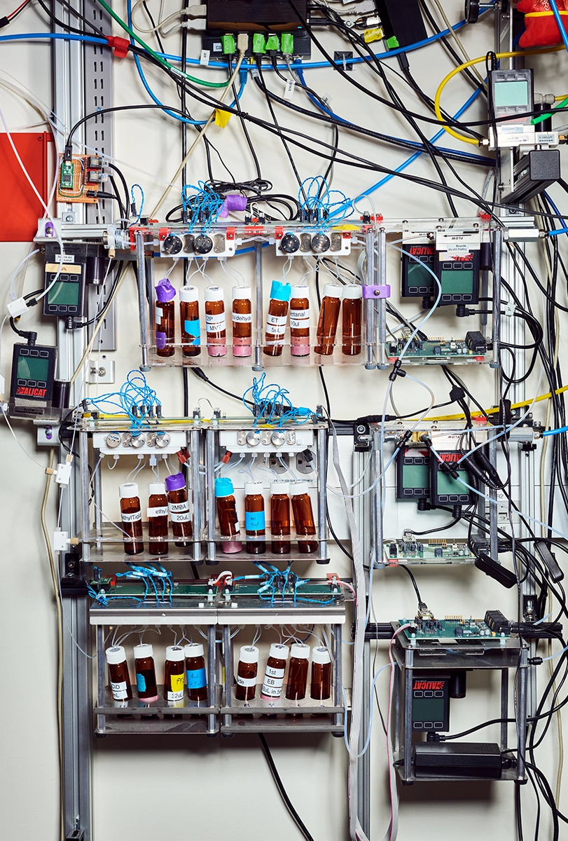 A wall in Rinberg's lab is crowded with labeled scent compounds attached to small tubes.