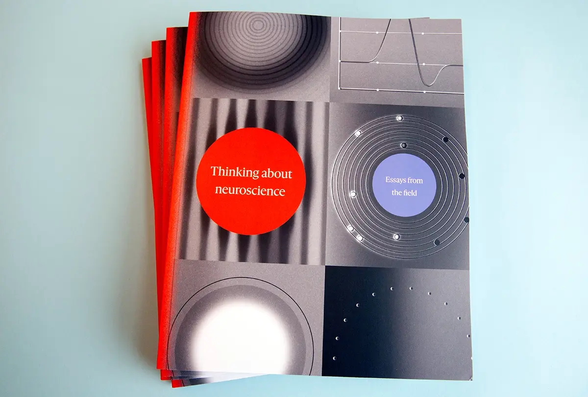 A stack of copies of The Transmitter’s new book, Thinking about neuroscience: Essays from the field, against a blue background.