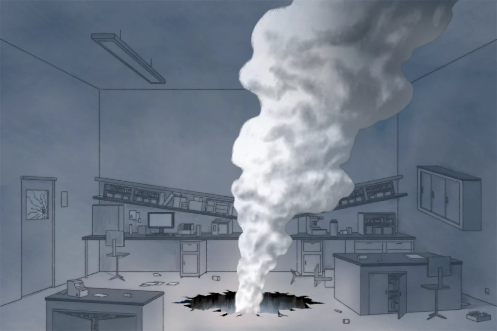 Illustration of a lab with a smoking crater in the middle of the floor.