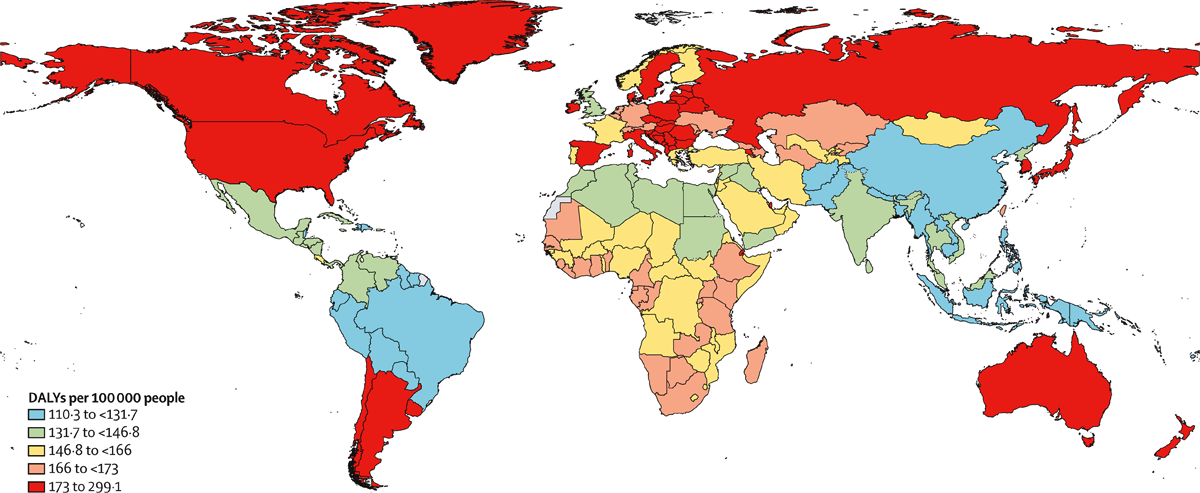 World map color-coded to visualize the impact of autism across the world, estimating the disability-adjusted life years by nation.