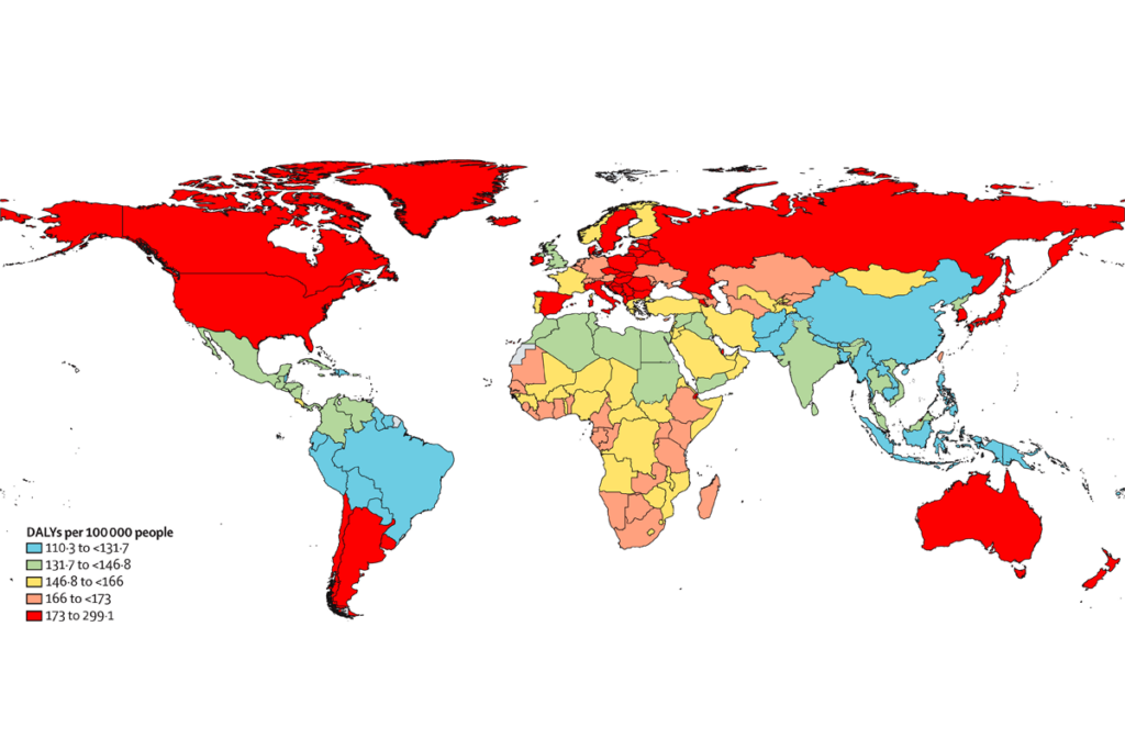 World map color-coded to visualize the impact of autism across the world, estimating the disability-adjusted life years by nation.