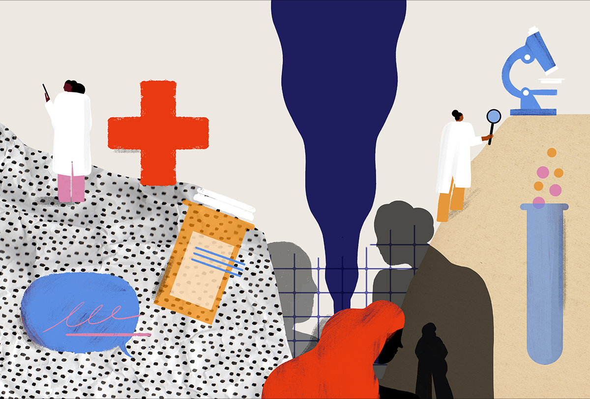 Illustration of clinicians, a pill bottle, a speech bubble and shadowy figures.