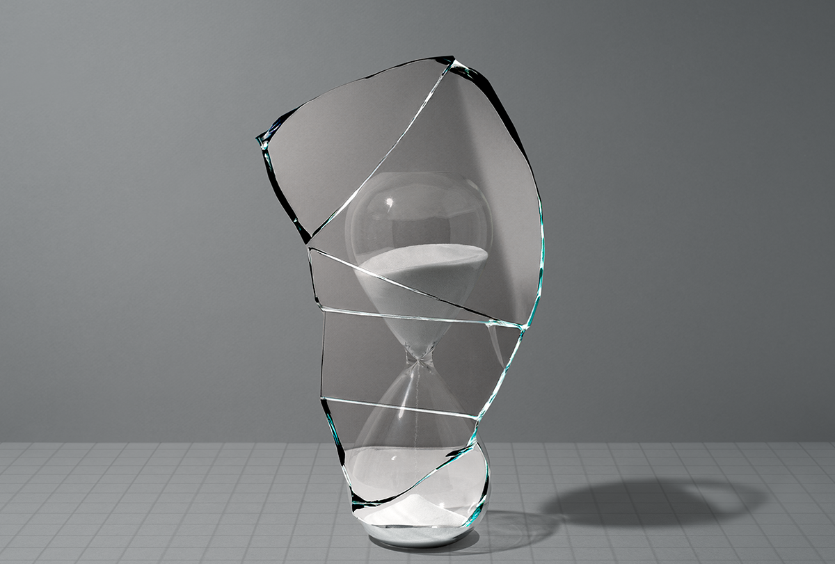 Computer-generated illustration of an hourglass encased in a larger piece of cracked glass.