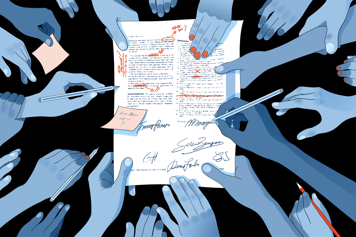 Illustration of a paper draft covered in notes and sign-off signatures, and surrounded by many hands reaching towards it.