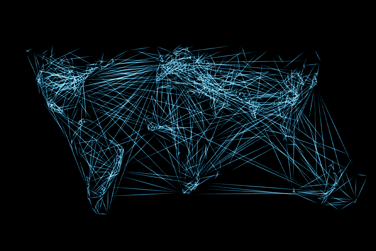 Interconnected lines form a world map.