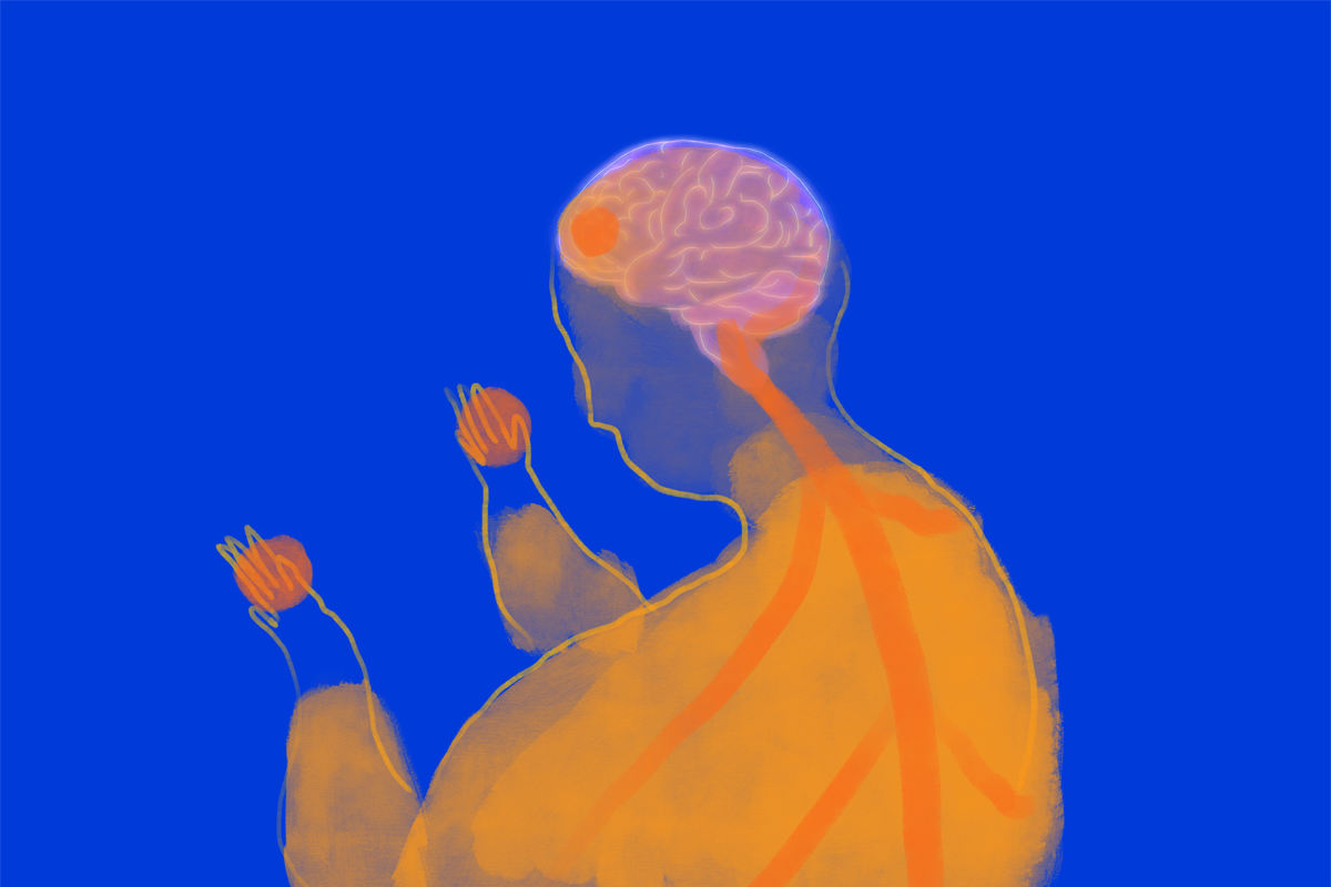 Illustration of a body, brain visible through a transparent head, looking at orange circles over its hands.