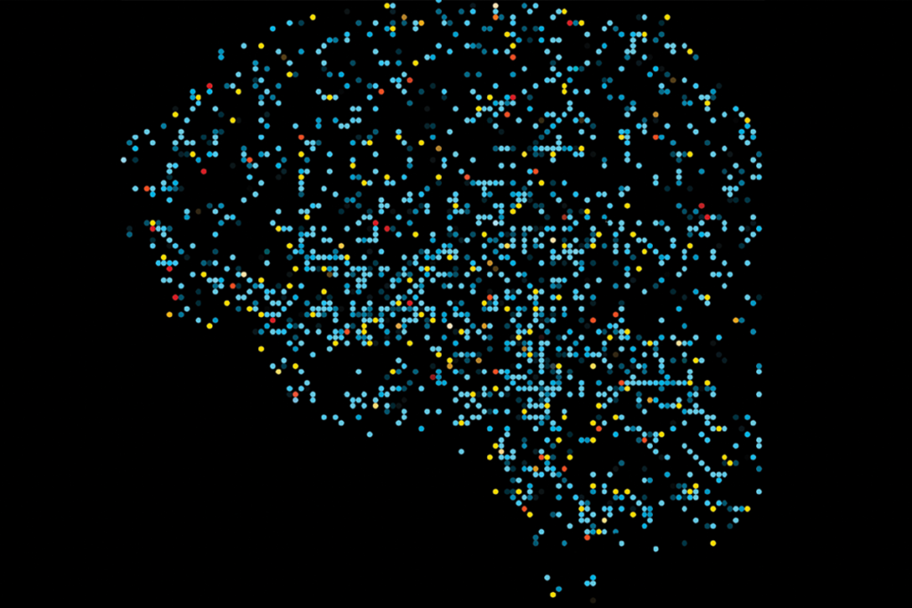 A brain made up of a matrix of small, predominately blue dots.