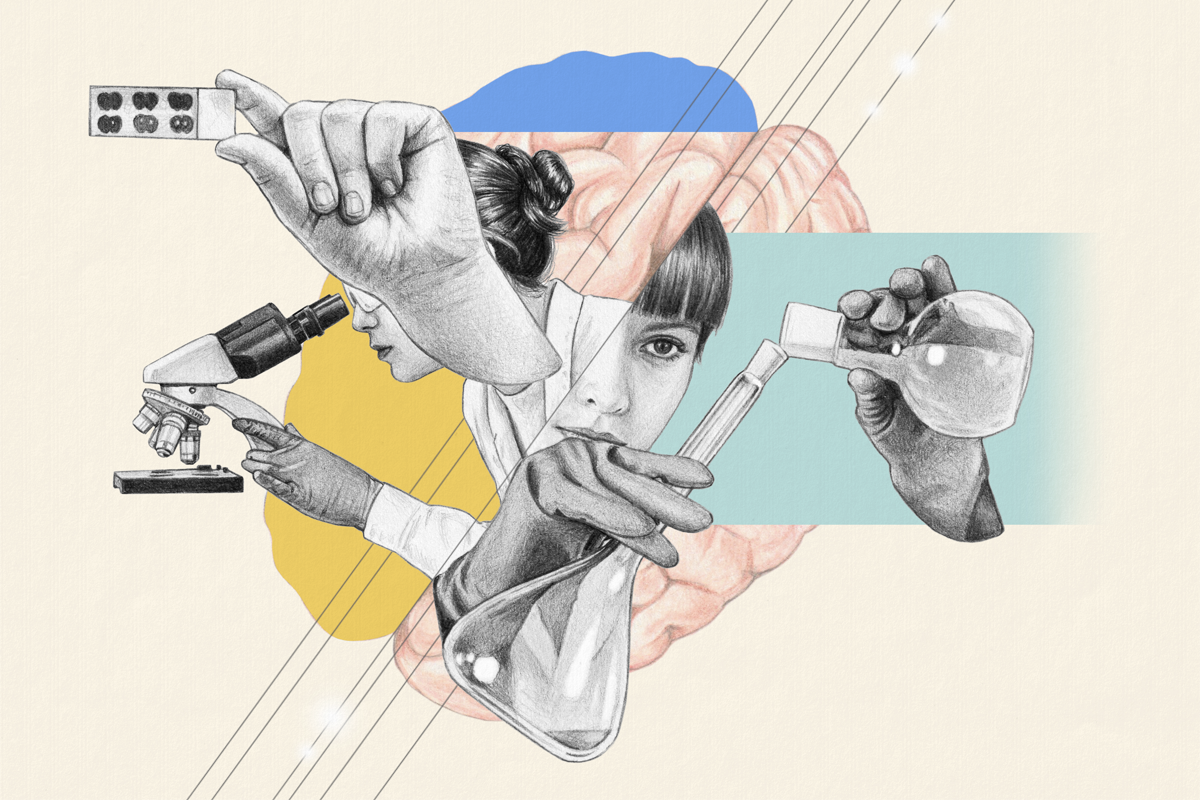 Illustrated collage of women doing scientific tasks: looking at brain slices, pouring a solution into a beaker and looking into a microscope.