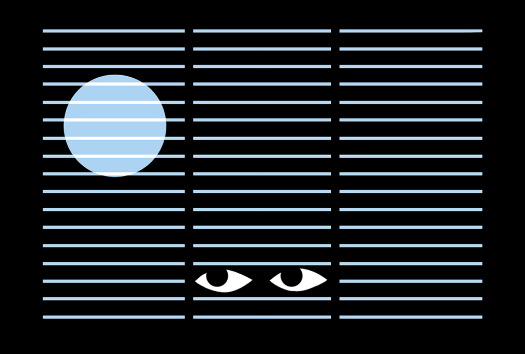 Illustration of columns of text with eyes peeking out from behind the central column to look at a bright blue spot.