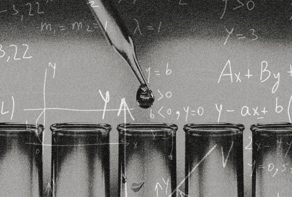 A dropper above a row of beakers against a background of blackboard calculations.