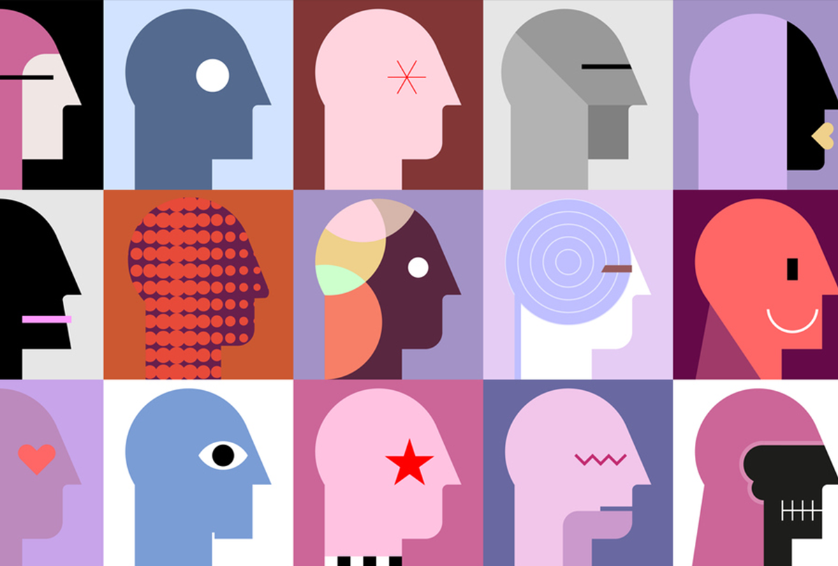 Grid of cartoon faces in profile.