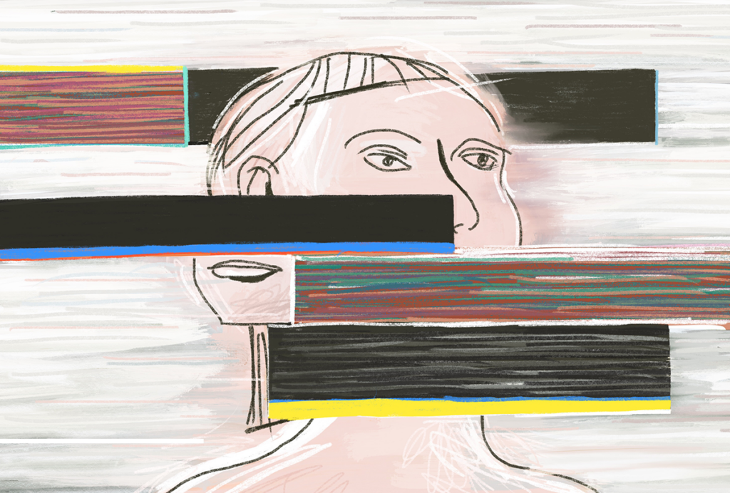 Illustration of a face covered by several black rectangles.