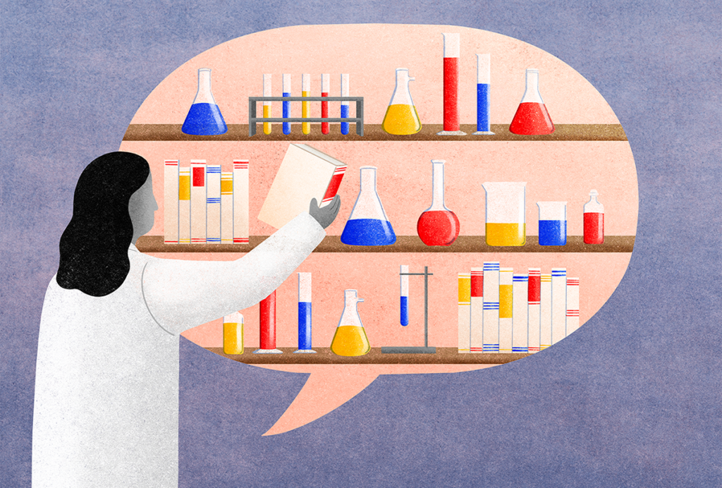 Illustration of a scientist reaching toward a shelf of beakers in the shape of a speech bubble.