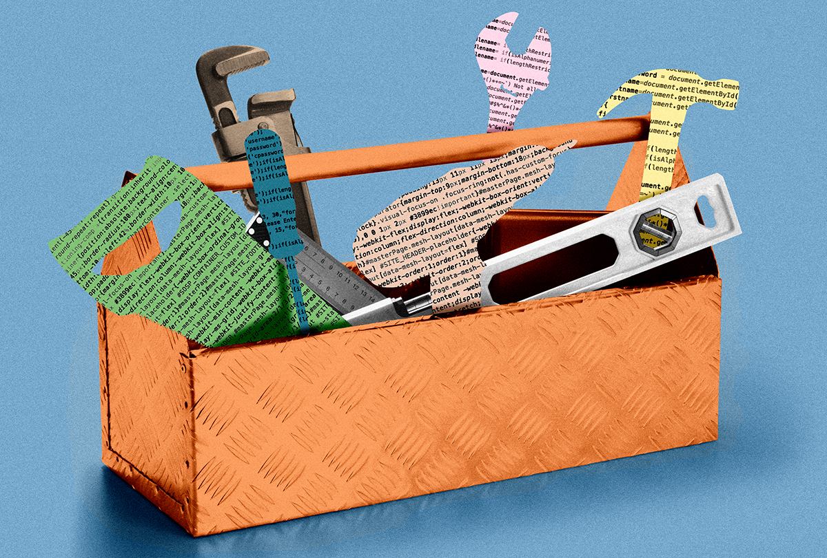 Illustration of a toolbox with some tools replaced with lines of code.