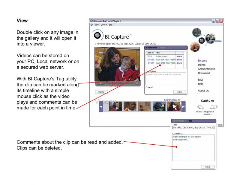 A software screenshot from BI Capture, a video capture system that allows parents, teachers and doctors to share video clips of behaviors.